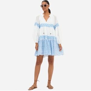 Oliphant Santorini Blue Block Balloon Sleeve Tiered Mini Dress M NWT Resortwear